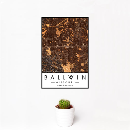 12x18 Ballwin Missouri Map Print Portrait Orientation in Ember Style With Small Cactus Plant in White Planter