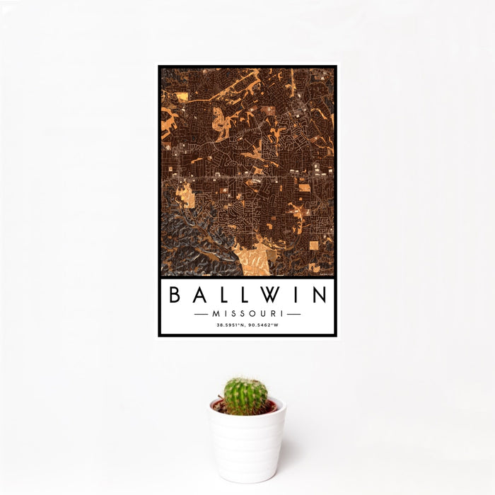 12x18 Ballwin Missouri Map Print Portrait Orientation in Ember Style With Small Cactus Plant in White Planter
