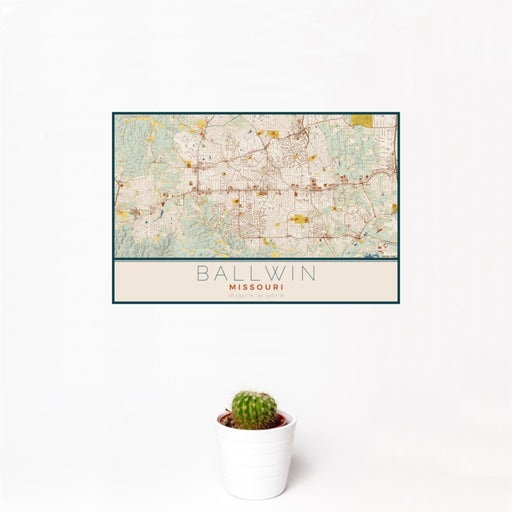 12x18 Ballwin Missouri Map Print Landscape Orientation in Woodblock Style With Small Cactus Plant in White Planter