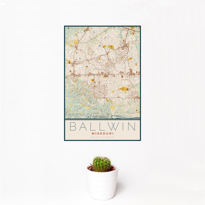 12x18 Ballwin Missouri Map Print Portrait Orientation in Woodblock Style With Small Cactus Plant in White Planter