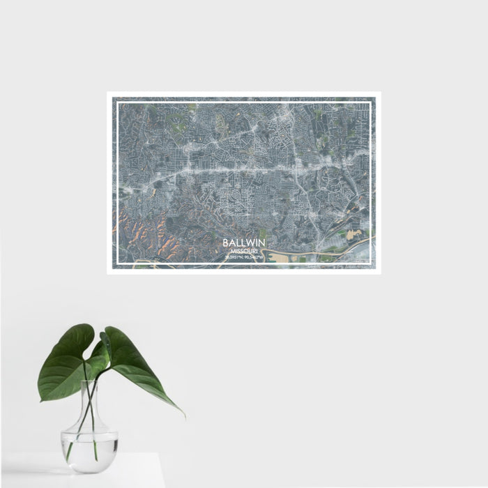 16x24 Ballwin Missouri Map Print Landscape Orientation in Afternoon Style With Tropical Plant Leaves in Water