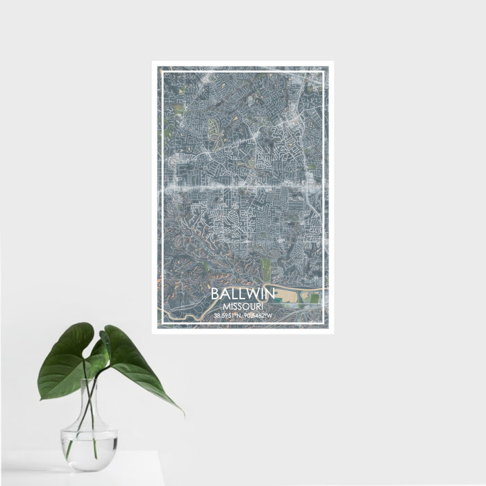 16x24 Ballwin Missouri Map Print Portrait Orientation in Afternoon Style With Tropical Plant Leaves in Water