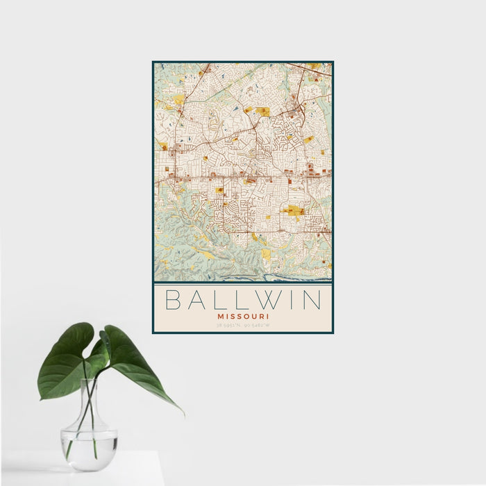 16x24 Ballwin Missouri Map Print Portrait Orientation in Woodblock Style With Tropical Plant Leaves in Water