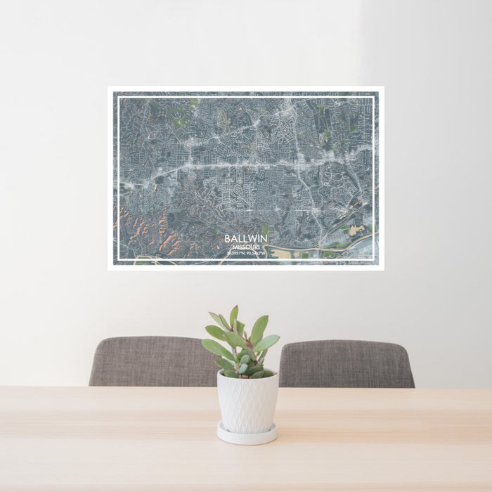 24x36 Ballwin Missouri Map Print Lanscape Orientation in Afternoon Style Behind 2 Chairs Table and Potted Plant