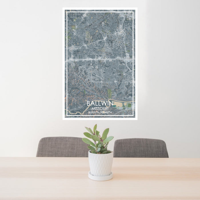 24x36 Ballwin Missouri Map Print Portrait Orientation in Afternoon Style Behind 2 Chairs Table and Potted Plant