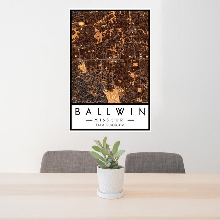 24x36 Ballwin Missouri Map Print Portrait Orientation in Ember Style Behind 2 Chairs Table and Potted Plant