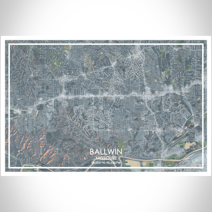 Ballwin Missouri Map Print Landscape Orientation in Afternoon Style With Shaded Background