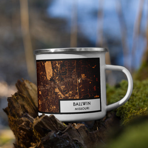 Right View Custom Ballwin Missouri Map Enamel Mug in Ember on Grass With Trees in Background