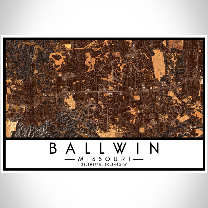 Ballwin Missouri Map Print Landscape Orientation in Ember Style With Shaded Background