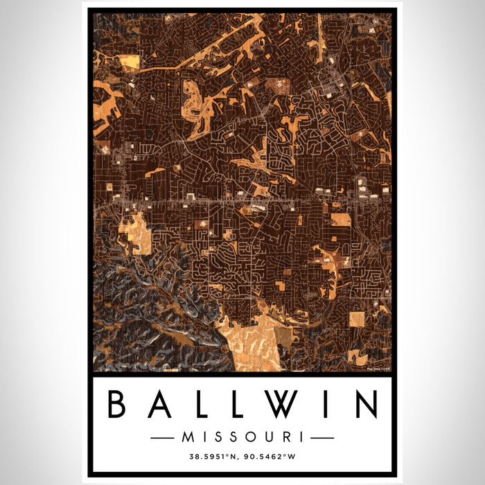 Ballwin Missouri Map Print Portrait Orientation in Ember Style With Shaded Background