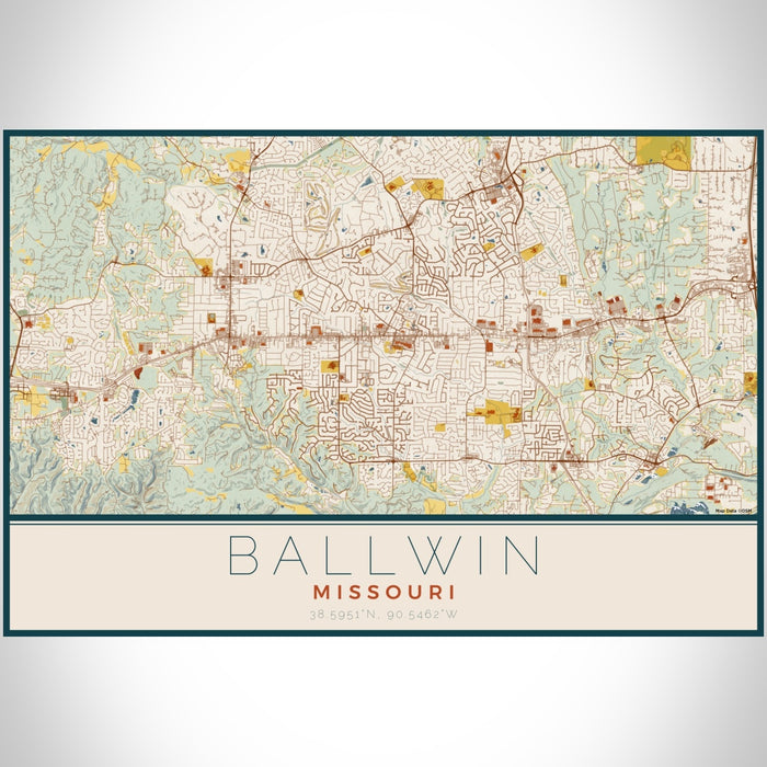Ballwin Missouri Map Print Landscape Orientation in Woodblock Style With Shaded Background