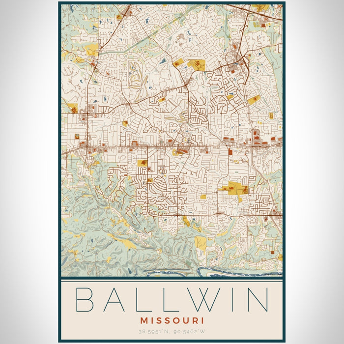 Ballwin Missouri Map Print Portrait Orientation in Woodblock Style With Shaded Background