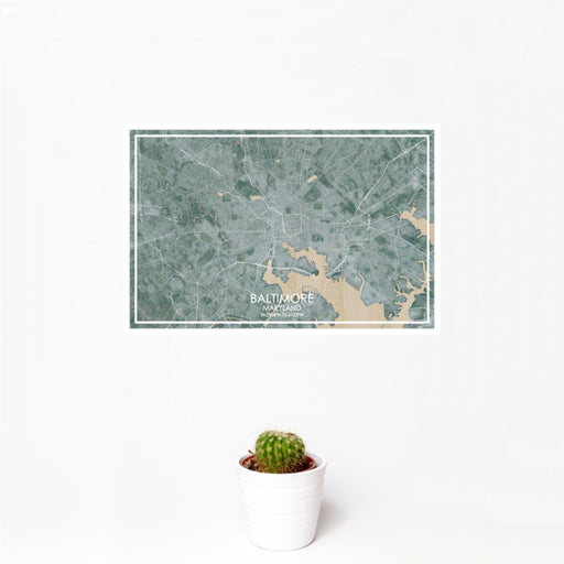 12x18 Baltimore Maryland Map Print Landscape Orientation in Afternoon Style With Small Cactus Plant in White Planter