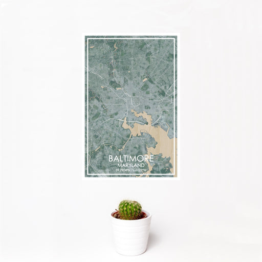 12x18 Baltimore Maryland Map Print Portrait Orientation in Afternoon Style With Small Cactus Plant in White Planter