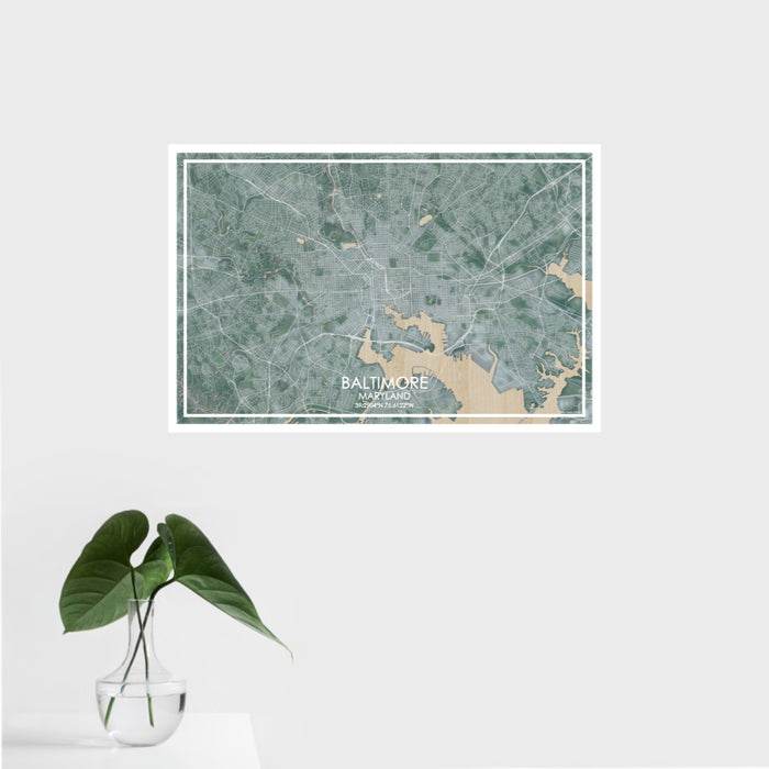 16x24 Baltimore Maryland Map Print Landscape Orientation in Afternoon Style With Tropical Plant Leaves in Water
