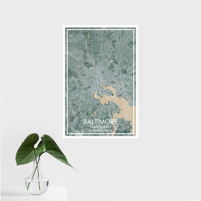 16x24 Baltimore Maryland Map Print Portrait Orientation in Afternoon Style With Tropical Plant Leaves in Water