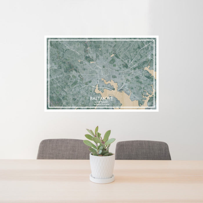 24x36 Baltimore Maryland Map Print Lanscape Orientation in Afternoon Style Behind 2 Chairs Table and Potted Plant