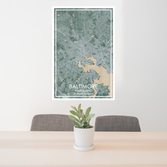 24x36 Baltimore Maryland Map Print Portrait Orientation in Afternoon Style Behind 2 Chairs Table and Potted Plant