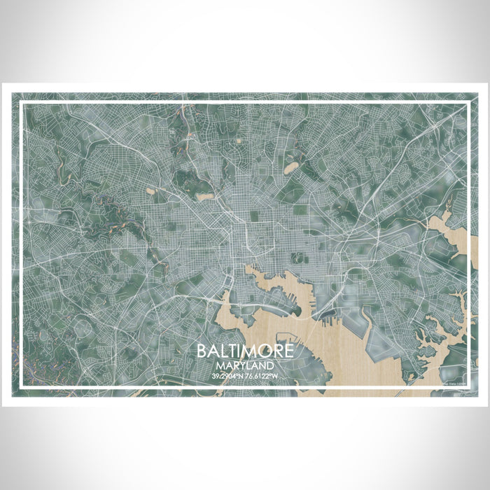 Baltimore Maryland Map Print Landscape Orientation in Afternoon Style With Shaded Background