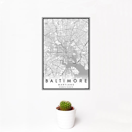 12x18 Baltimore Maryland Map Print Portrait Orientation in Classic Style With Small Cactus Plant in White Planter