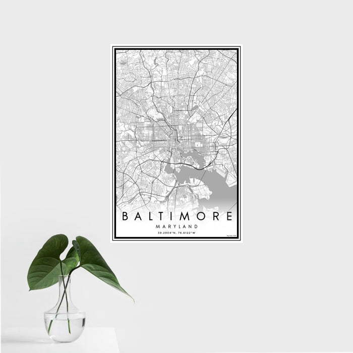 16x24 Baltimore Maryland Map Print Portrait Orientation in Classic Style With Tropical Plant Leaves in Water