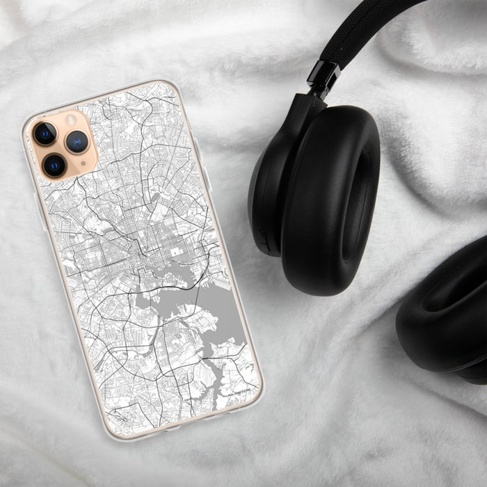 Custom Baltimore Maryland Map Phone Case in Classic on Table with Black Headphones