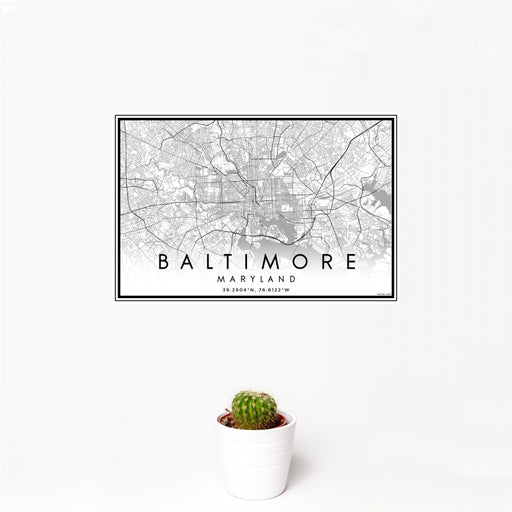 12x18 Baltimore Maryland Map Print Landscape Orientation in Classic Style With Small Cactus Plant in White Planter