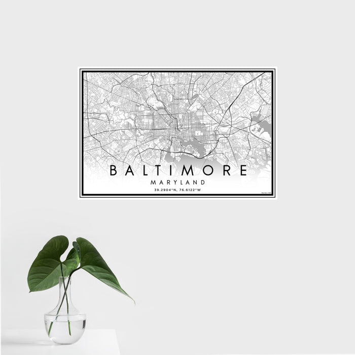 16x24 Baltimore Maryland Map Print Landscape Orientation in Classic Style With Tropical Plant Leaves in Water