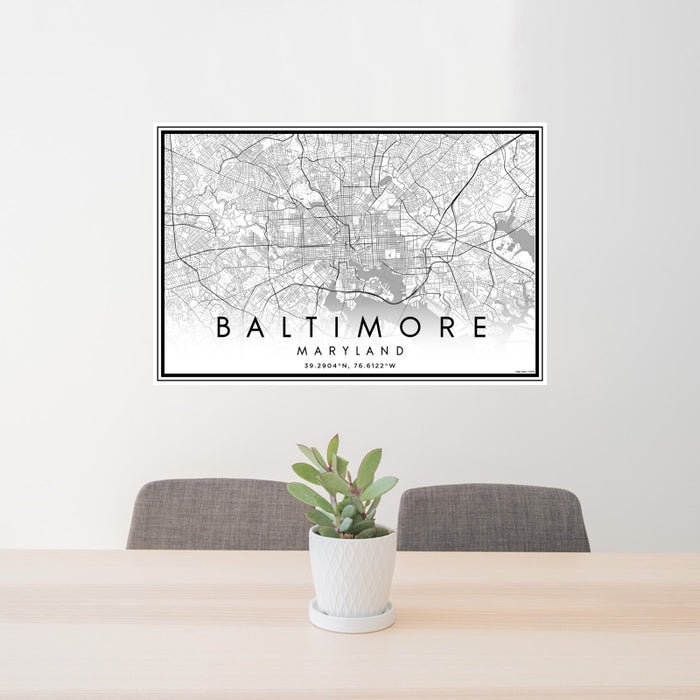 24x36 Baltimore Maryland Map Print Landscape Orientation in Classic Style Behind 2 Chairs Table and Potted Plant