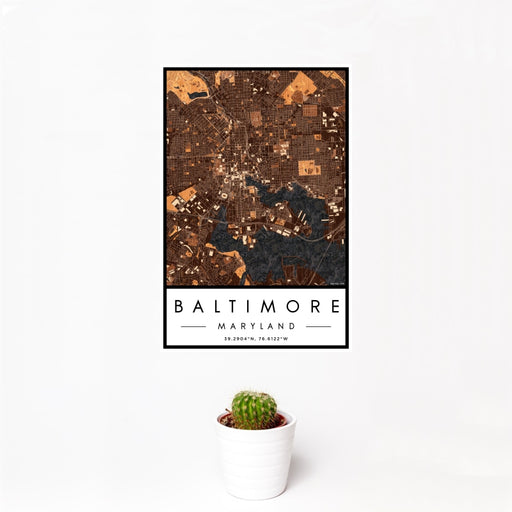 12x18 Baltimore Maryland Map Print Portrait Orientation in Ember Style With Small Cactus Plant in White Planter