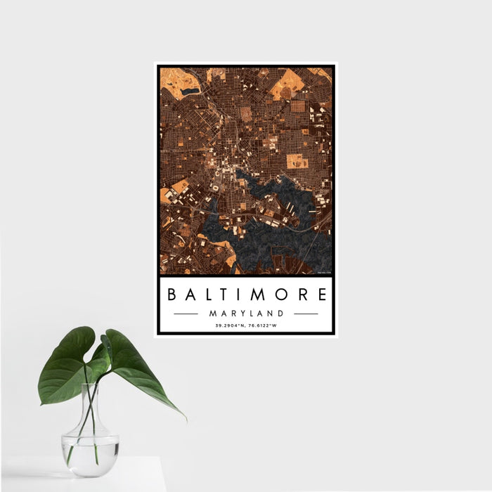 16x24 Baltimore Maryland Map Print Portrait Orientation in Ember Style With Tropical Plant Leaves in Water
