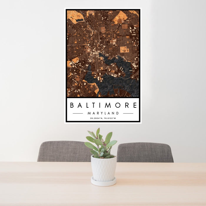 24x36 Baltimore Maryland Map Print Portrait Orientation in Ember Style Behind 2 Chairs Table and Potted Plant