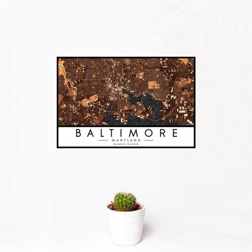 12x18 Baltimore Maryland Map Print Landscape Orientation in Ember Style With Small Cactus Plant in White Planter