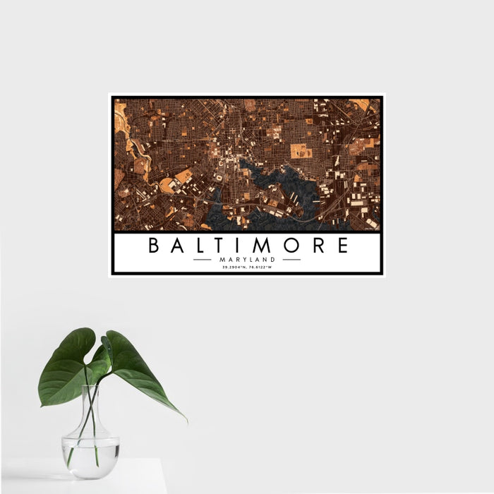 16x24 Baltimore Maryland Map Print Landscape Orientation in Ember Style With Tropical Plant Leaves in Water