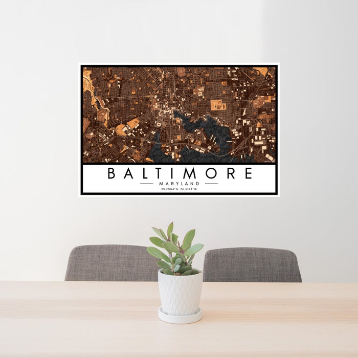 24x36 Baltimore Maryland Map Print Landscape Orientation in Ember Style Behind 2 Chairs Table and Potted Plant