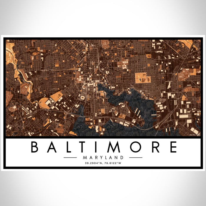 Baltimore Maryland Map Print Landscape Orientation in Ember Style With Shaded Background