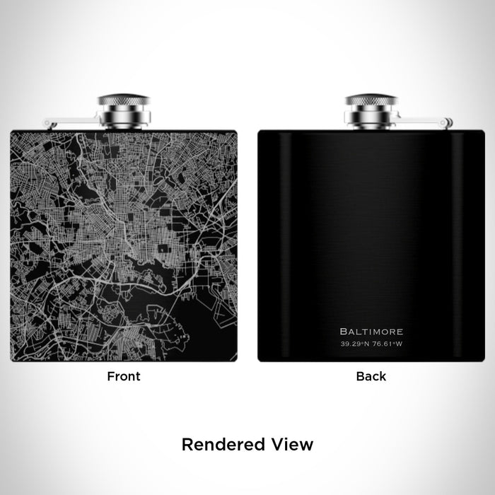 Rendered View of Baltimore Maryland Map Engraving on 6oz Stainless Steel Flask in Black