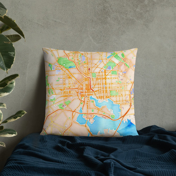 Custom Baltimore Maryland Map Throw Pillow in Watercolor on Bedding Against Wall
