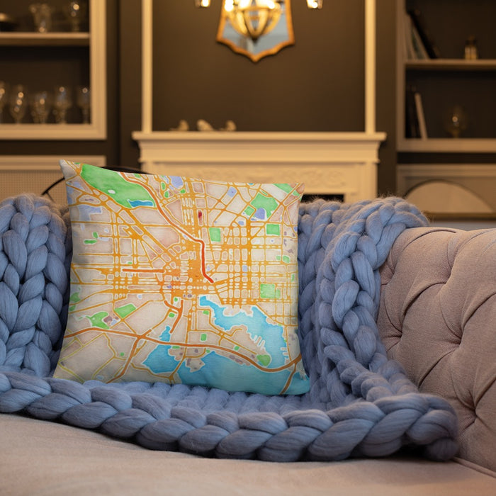 Custom Baltimore Maryland Map Throw Pillow in Watercolor on Cream Colored Couch