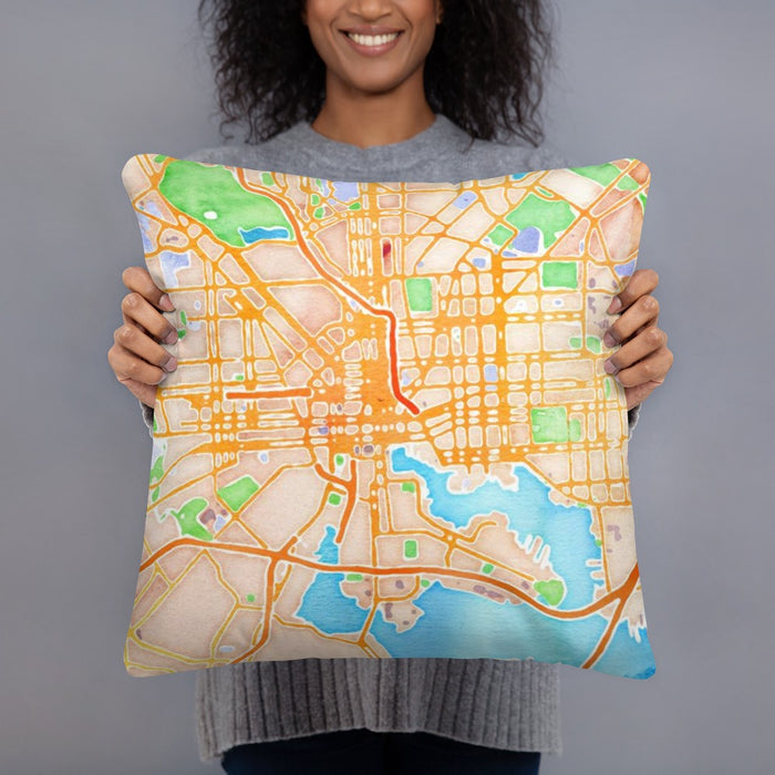 Person holding 18x18 Custom Baltimore Maryland Map Throw Pillow in Watercolor