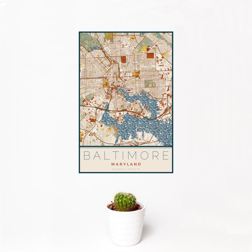 12x18 Baltimore Maryland Map Print Portrait Orientation in Woodblock Style With Small Cactus Plant in White Planter