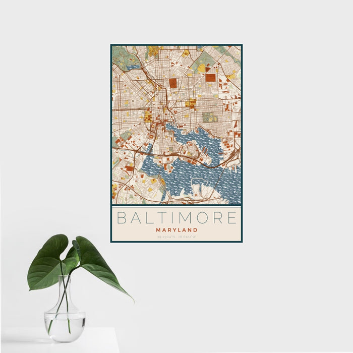 16x24 Baltimore Maryland Map Print Portrait Orientation in Woodblock Style With Tropical Plant Leaves in Water