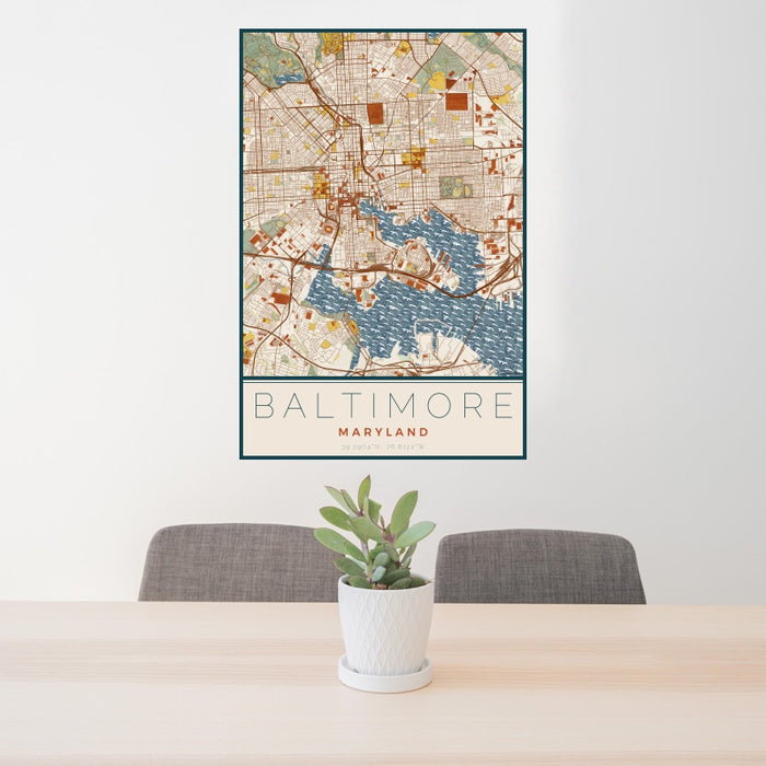 24x36 Baltimore Maryland Map Print Portrait Orientation in Woodblock Style Behind 2 Chairs Table and Potted Plant