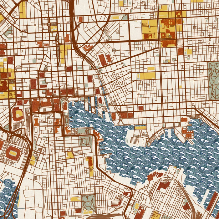 Baltimore Maryland Map Print in Woodblock Style Zoomed In Close Up Showing Details