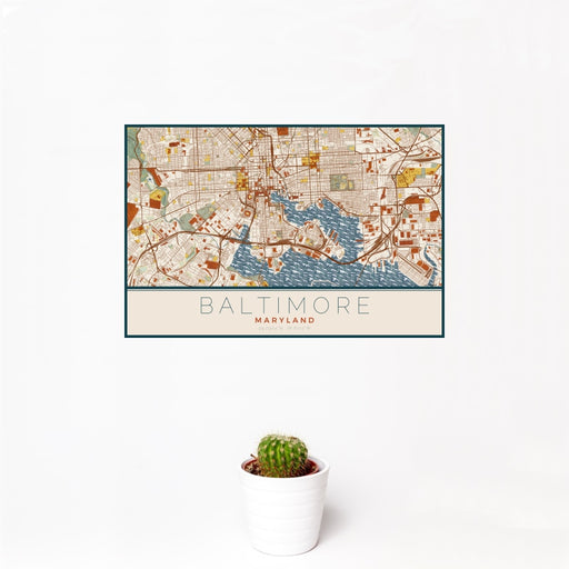 12x18 Baltimore Maryland Map Print Landscape Orientation in Woodblock Style With Small Cactus Plant in White Planter