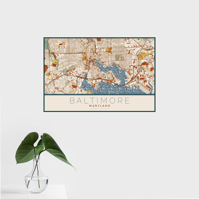 16x24 Baltimore Maryland Map Print Landscape Orientation in Woodblock Style With Tropical Plant Leaves in Water