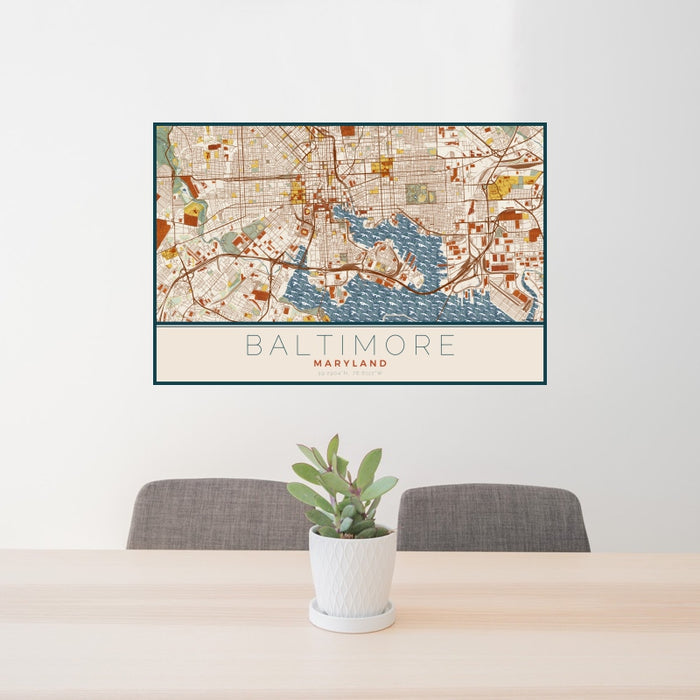 24x36 Baltimore Maryland Map Print Landscape Orientation in Woodblock Style Behind 2 Chairs Table and Potted Plant