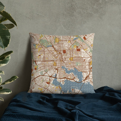 Custom Baltimore Maryland Map Throw Pillow in Woodblock on Bedding Against Wall