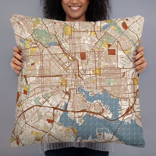 Person holding 22x22 Custom Baltimore Maryland Map Throw Pillow in Woodblock