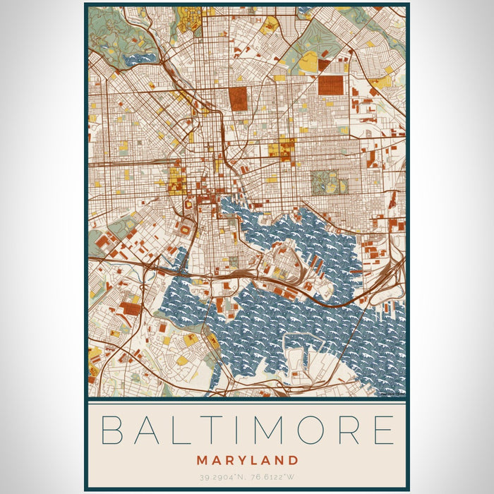Baltimore Maryland Map Print Portrait Orientation in Woodblock Style With Shaded Background